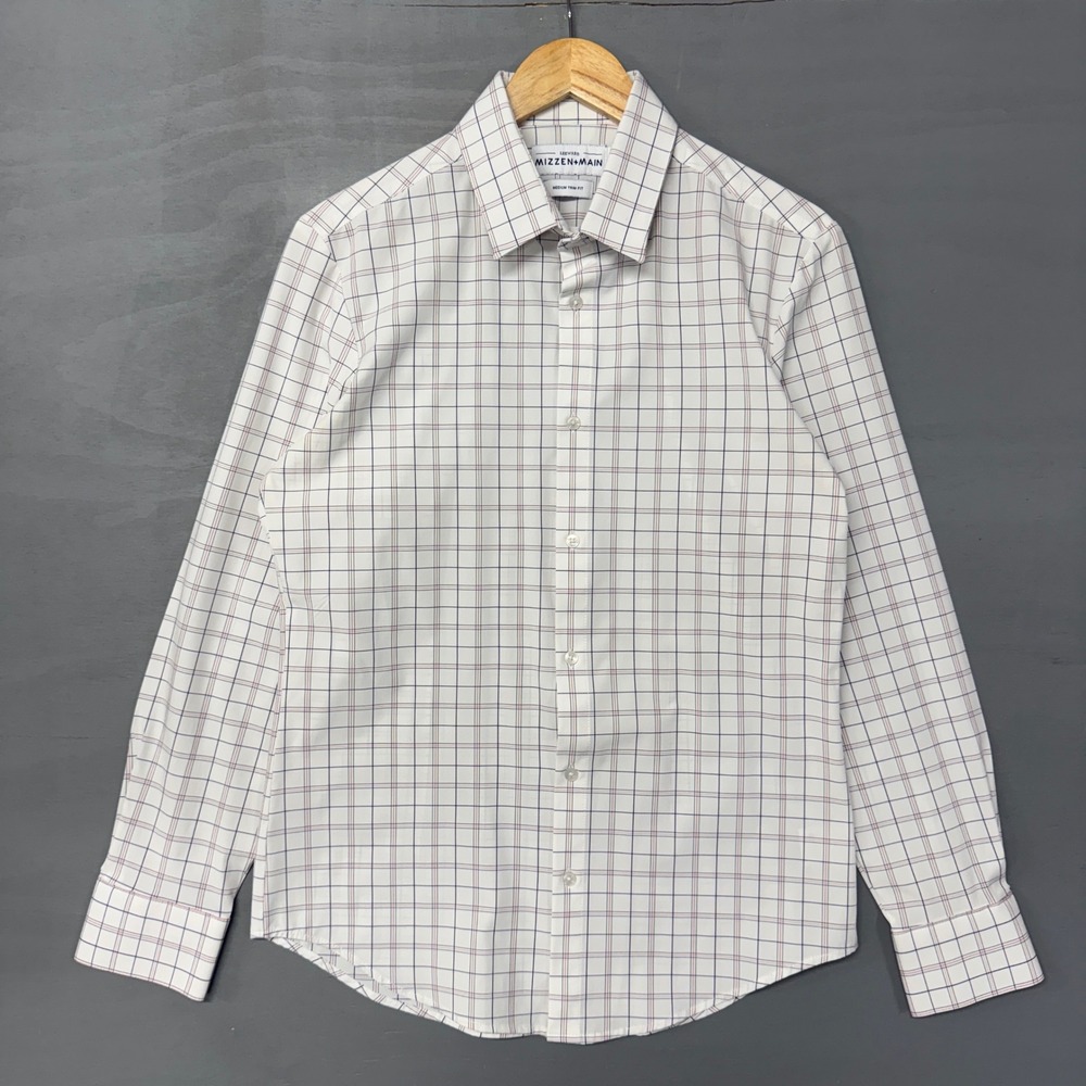 Mizzen Main Men's White Grid Check Long Sleeve Button Down Shirt Medium Trim Fit - Picture 2 of 4
